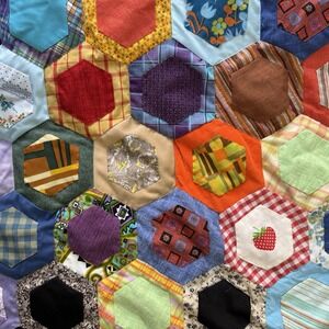 Quilt Framed Vintage Handmade Hexagon Mix and Match Colorful Design 54" X 54.5"